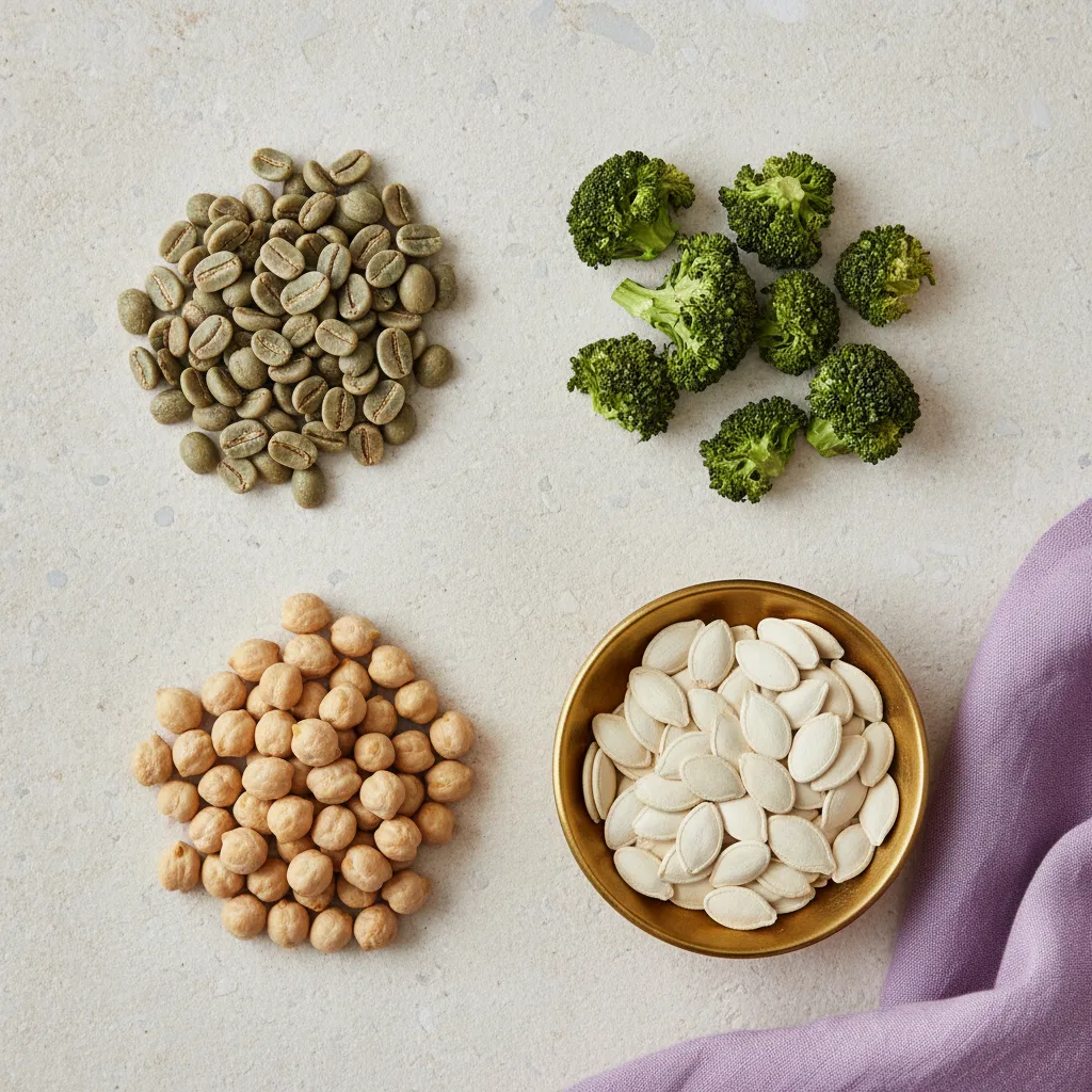 Plant extract supplement ingredients including green coffee beans, zinc-rich pumpkin seeds and vitamin B6 chickpeas